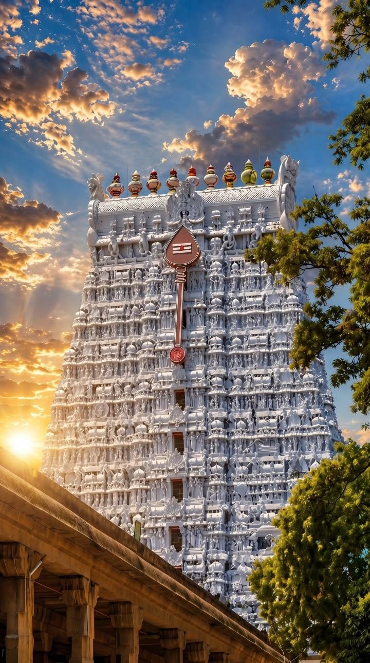 Ornate white gopuram at sunrise